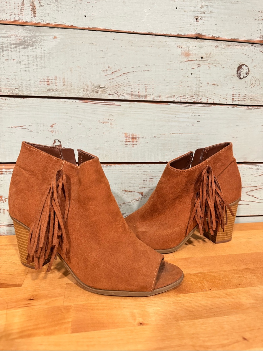 Fringe Peep-Toe Suede Ankle Boots - Brown